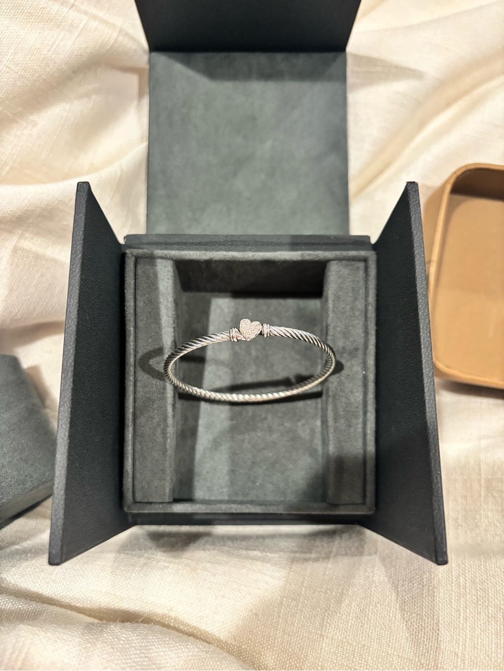 David Yurman Sterling Silver Twisted Cable Heart Bangle with Diamonds